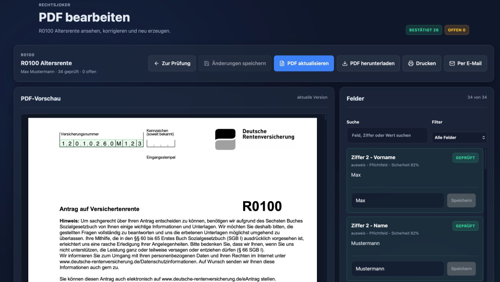Die Renten App zeigt eine PDF-Vorschau mit verifizierten Feldern und prüfbarer Datenübernahme.