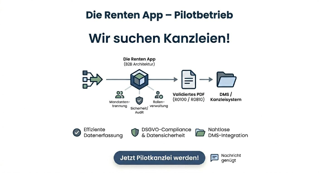 Die Renten App zeigt den B2B-Pilotbetrieb mit validiertem PDF und DMS-Integration für Kanzleien.