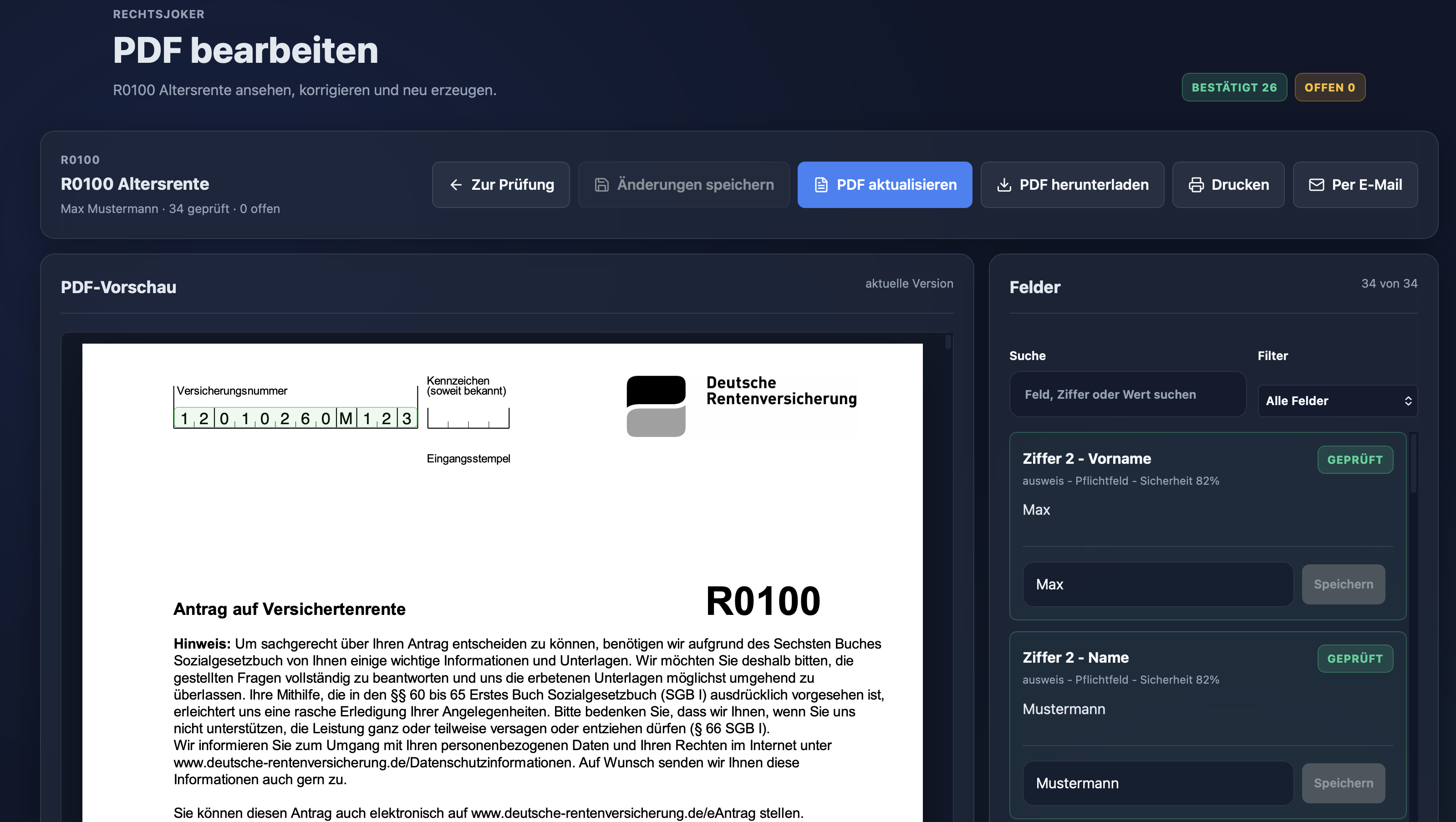 Interaktive PDF-Vorschau und direktes Bearbeiten von Rentenanträgen.